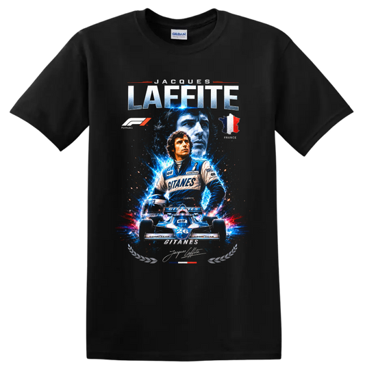 Jacques Laffite Ligier Formula 1 racing art with number 26 car and French tricolor on a Black T Shirt