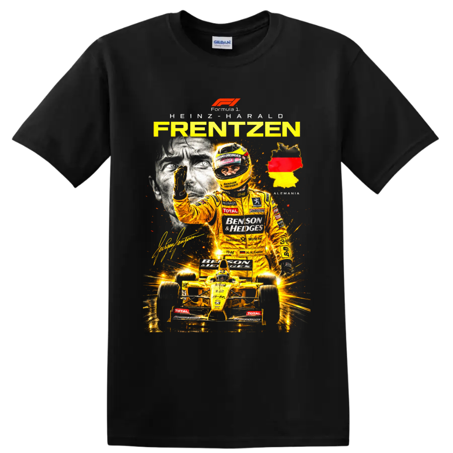 Heinz-Harald Frentzen Jordan Formula 1 yellow racing collage with Germany map on a Black T Shirt