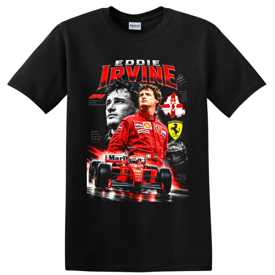 Eddie Irvine Ferrari Formula 1 collage with red race car, helmet, and Northern Ireland on a Black T Shirt