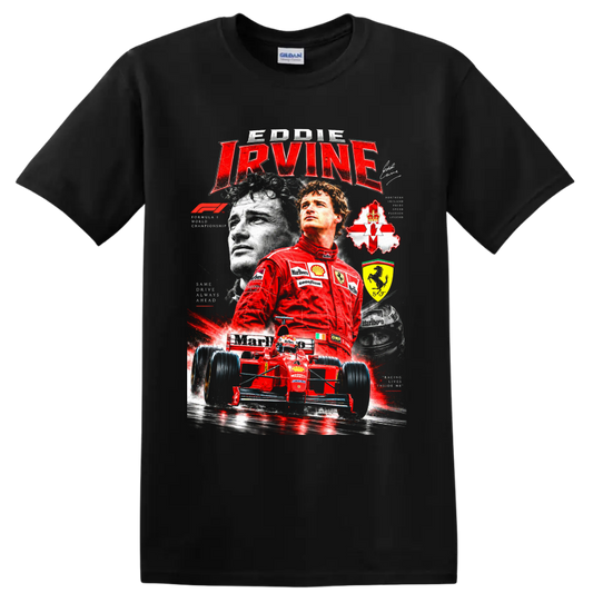 Eddie Irvine Ferrari Formula 1 collage with red race car, helmet, and Northern Ireland on a Black T Shirt