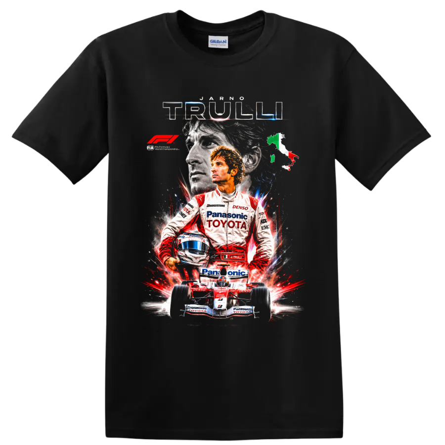 Jarno Trulli Toyota Formula 1 portrait with helmet, race car, and Italian map on a Black T Shirt