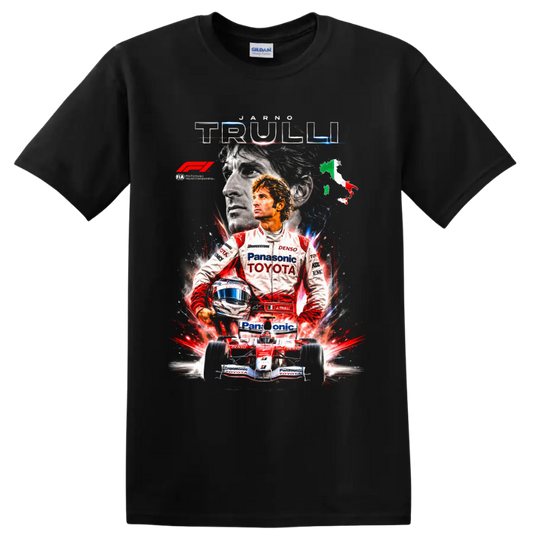 Jarno Trulli Toyota Formula 1 portrait with helmet, race car, and Italian map on a Black T Shirt