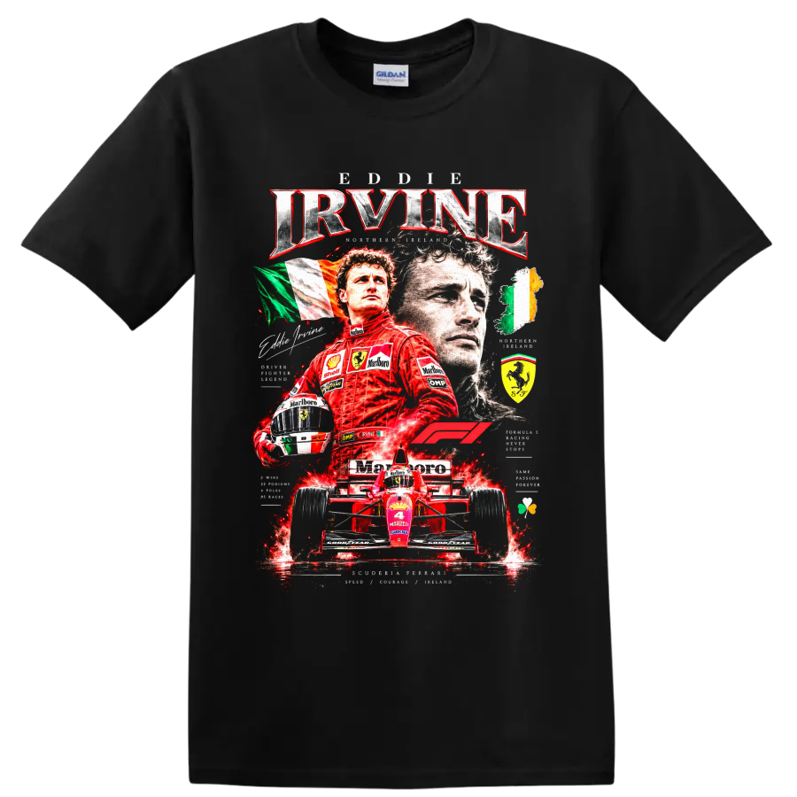 Eddie Irvine Ferrari Formula 1 collage with red race car, helmet, and Irish flags on a Black T Shirt