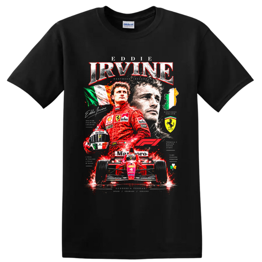 Eddie Irvine Ferrari Formula 1 collage with red race car, helmet, and Irish flags on a Black T Shirt