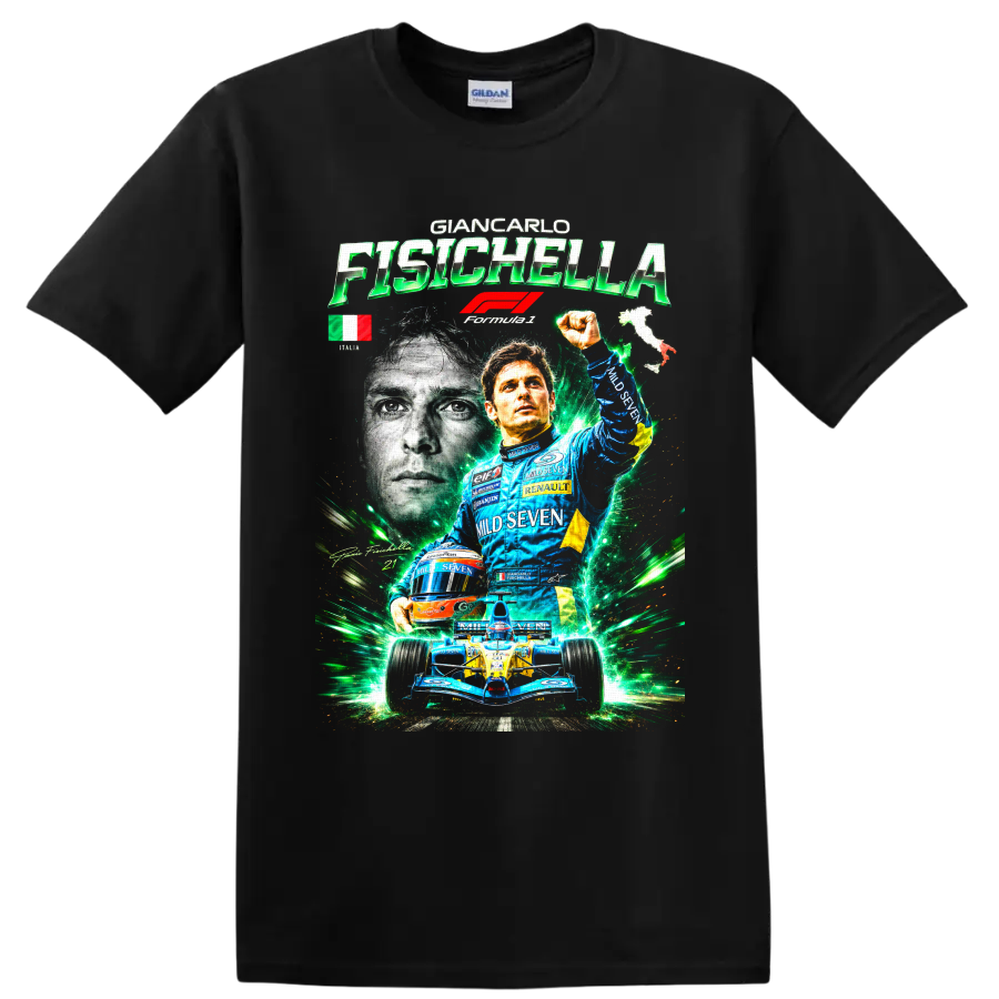 Giancarlo Fisichella Renault Formula 1 driver collage with race car and green energy on a Black T Shirt