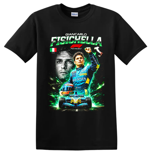 Giancarlo Fisichella Renault Formula 1 driver collage with race car and green energy on a Black T Shirt