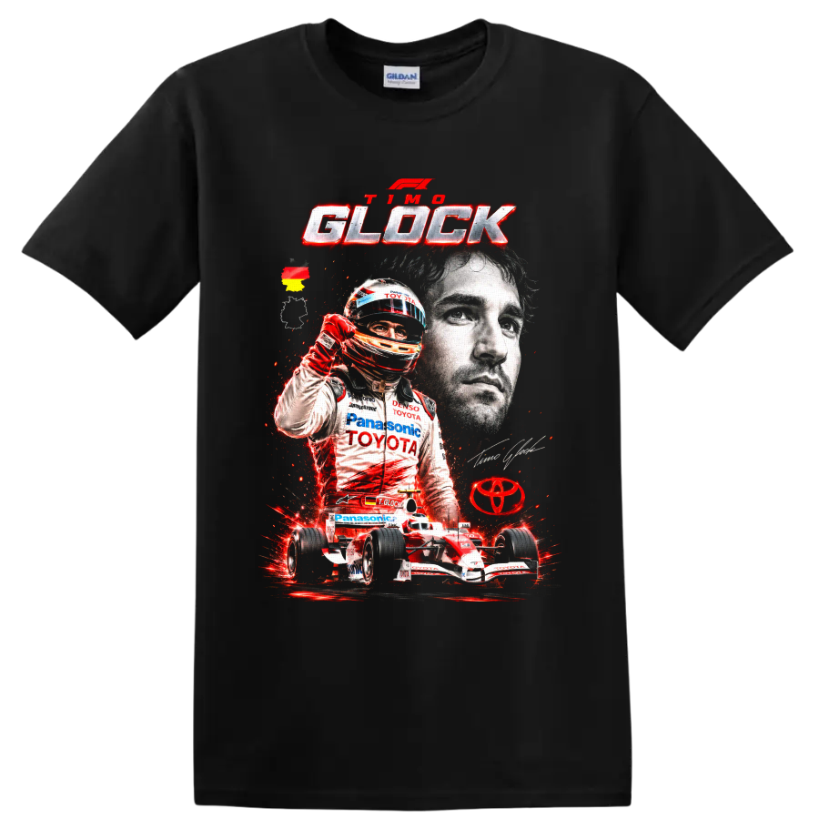 Timo Glock Toyota Formula 1 portrait, helmeted driver, and race car graphic on a Black T Shirt