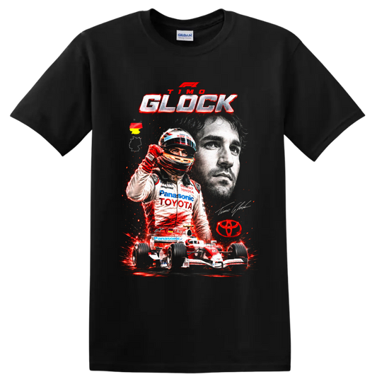Timo Glock Toyota Formula 1 portrait, helmeted driver, and race car graphic on a Black T Shirt