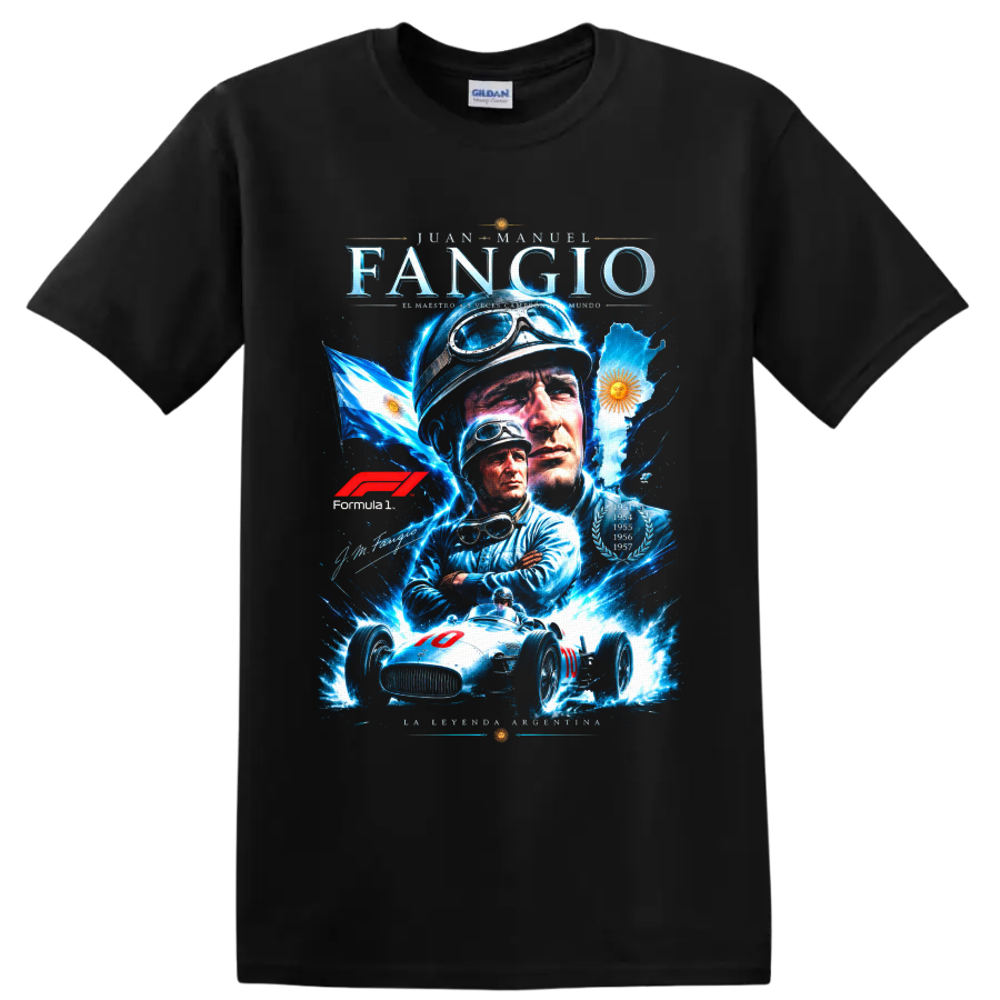 Juan Manuel Fangio portrait collage with vintage race car, Argentina flag, and laurels on a Black T Shirt