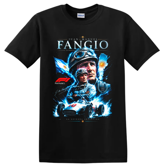 Juan Manuel Fangio portrait collage with vintage race car, Argentina flag, and laurels on a Black T Shirt