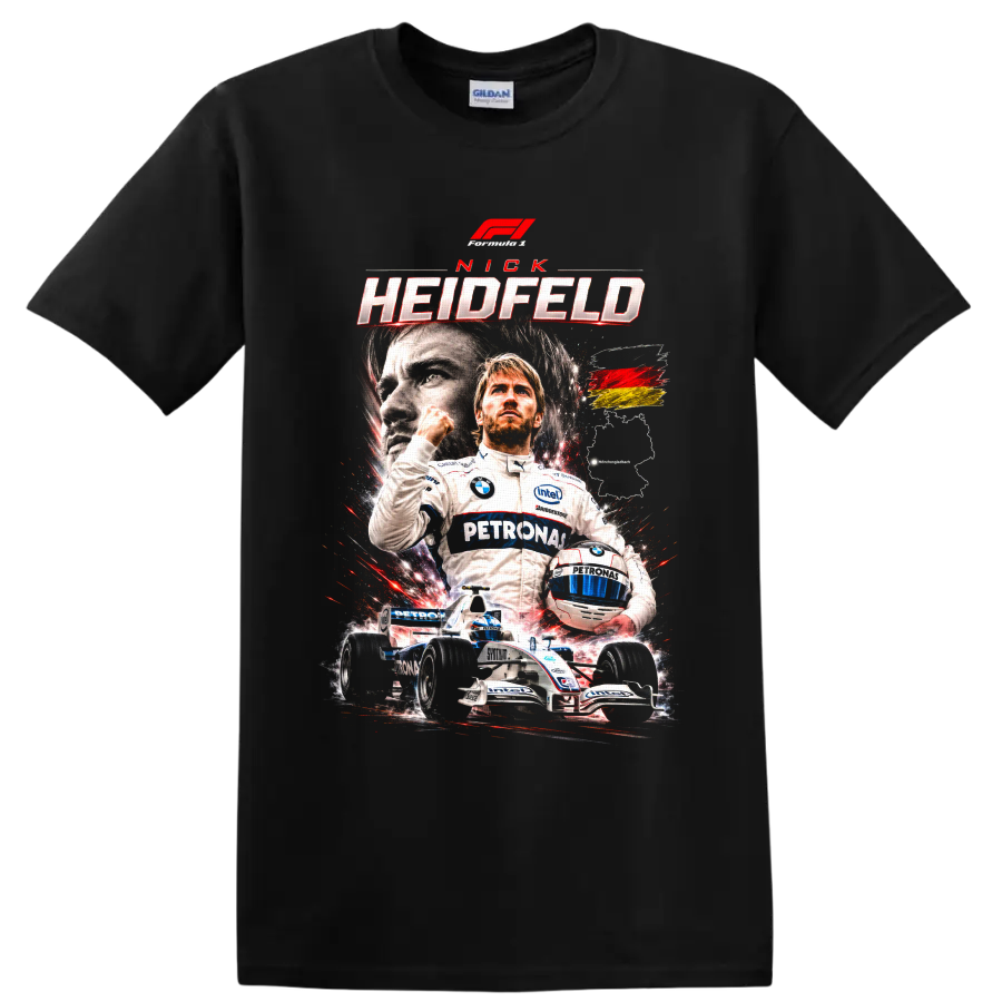 Nick Heidfeld BMW Sauber Formula 1 racing poster graphic with helmet and race car on a Black T Shirt