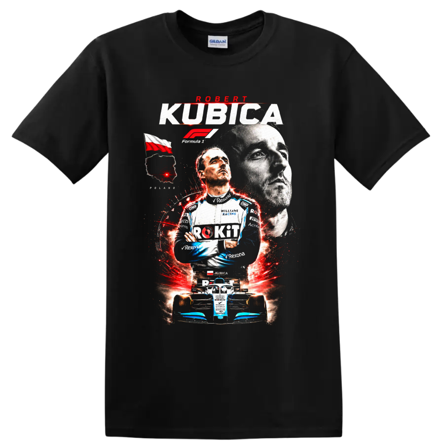 Robert Kubica Williams Racing Formula 1 portrait and race car graphic print on a Black T Shirt