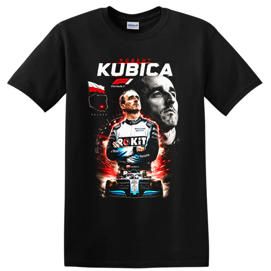 Robert Kubica Williams Racing Formula 1 portrait and race car graphic print on a Black T Shirt