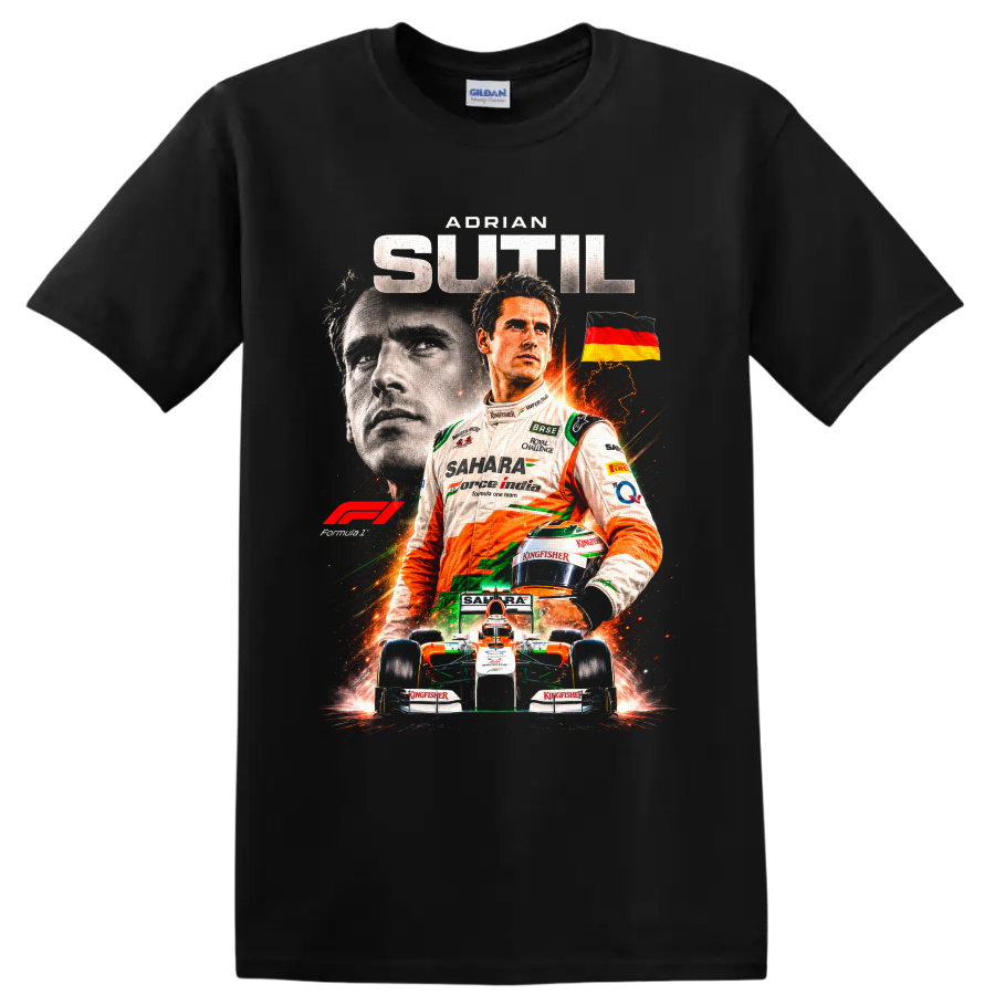 Adrian Sutil Sahara Force India Formula 1 driver collage with German flag and race car on a Black T Shirt