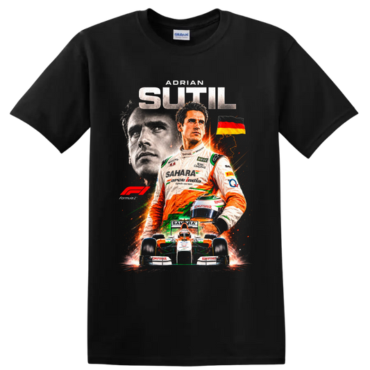 Adrian Sutil Sahara Force India Formula 1 driver collage with German flag and race car on a Black T Shirt