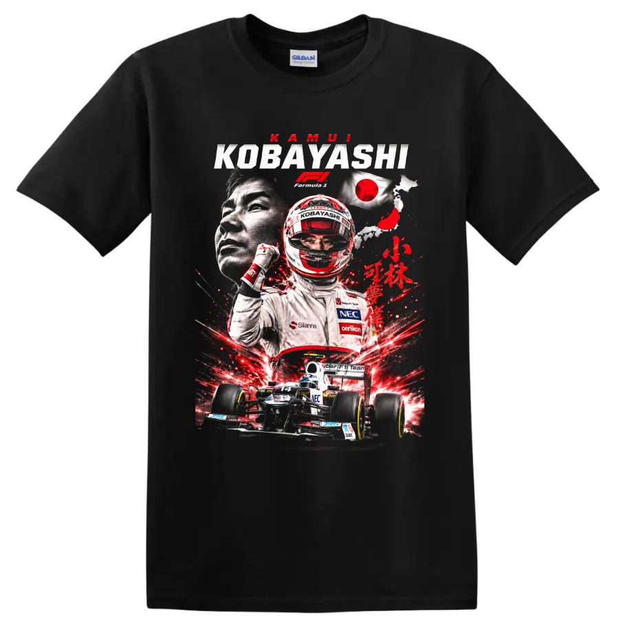 Kamui Kobayashi Sauber Formula 1 collage with helmet, No. 14 car, and Japan flag on a Black T Shirt