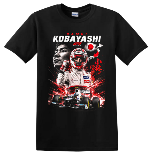Kamui Kobayashi Sauber Formula 1 collage with helmet, No. 14 car, and Japan flag on a Black T Shirt
