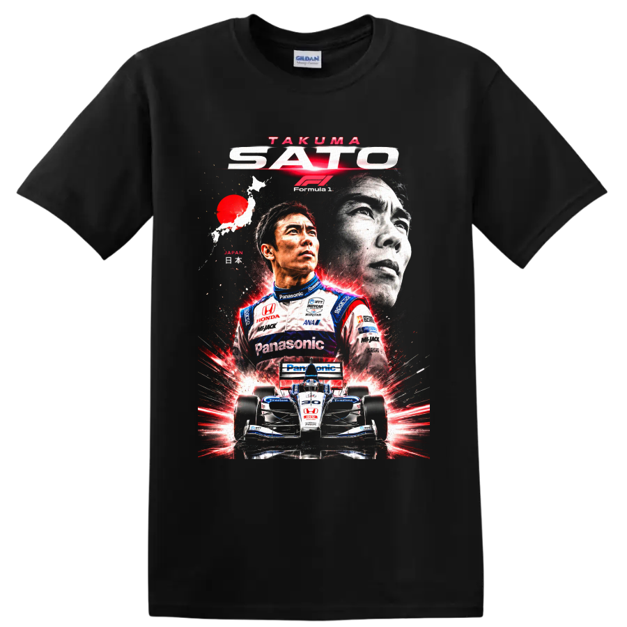 Takuma Sato racing collage with IndyCar number 30 car and Japanese map graphic on a Black T Shirt