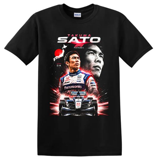Takuma Sato racing collage with IndyCar number 30 car and Japanese map graphic on a Black T Shirt