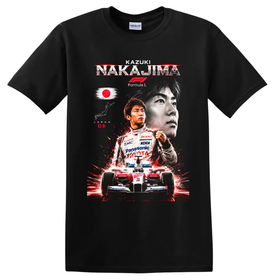 Kazuki Nakajima Toyota Formula 1 portrait and race car graphic with Japanese flag on a Black T Shirt