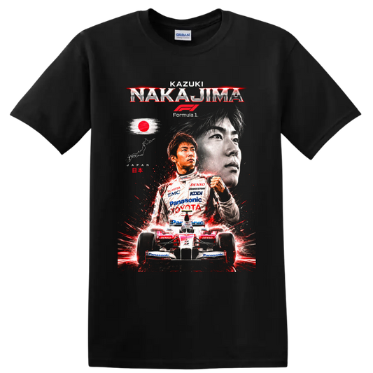 Kazuki Nakajima Toyota Formula 1 portrait and race car graphic with Japanese flag on a Black T Shirt