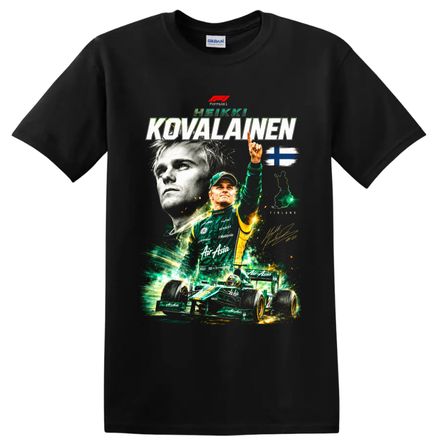Heikki Kovalainen Formula 1 collage with green race car, Finland flag, and signature on a Black T Shirt