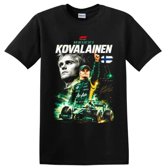 Heikki Kovalainen Formula 1 collage with green race car, Finland flag, and signature on a Black T Shirt