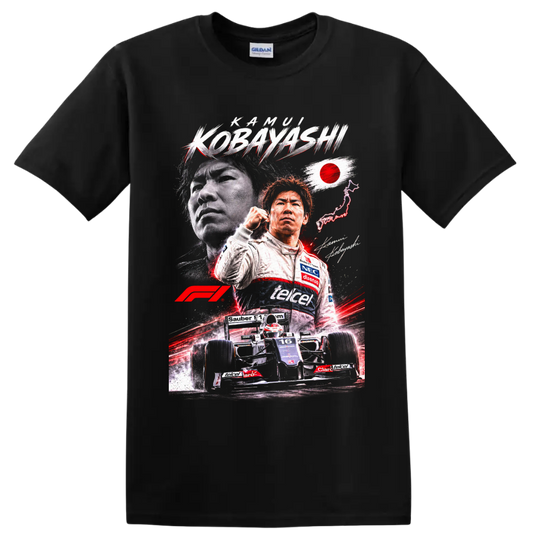 Kamui Kobayashi Sauber Formula 1 portrait and number 16 race car graphic on a Black T Shirt
