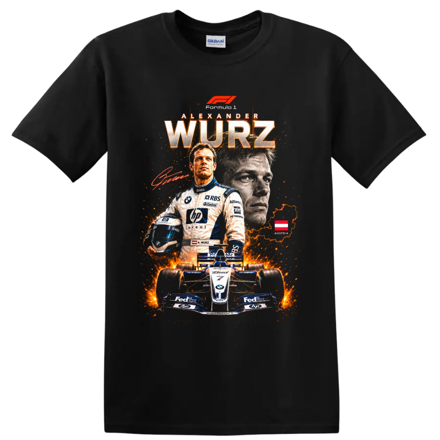 Alexander Wurz Williams Formula 1 racing collage with helmet, car, and Austria map on a Black T Shirt