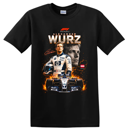 Alexander Wurz Williams Formula 1 racing collage with helmet, car, and Austria map on a Black T Shirt