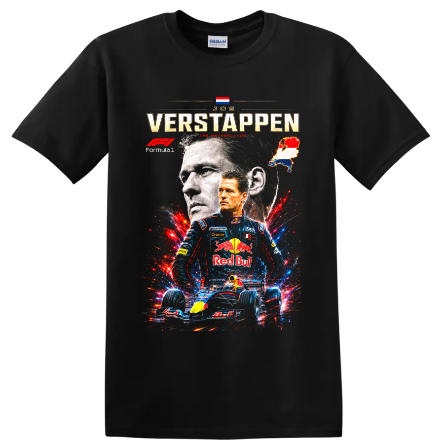 Jos Verstappen Formula 1 collage with portrait, Dutch map, and open-wheel race car on a Black T Shirt