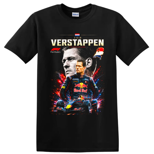Jos Verstappen Formula 1 collage with portrait, Dutch map, and open-wheel race car on a Black T Shirt