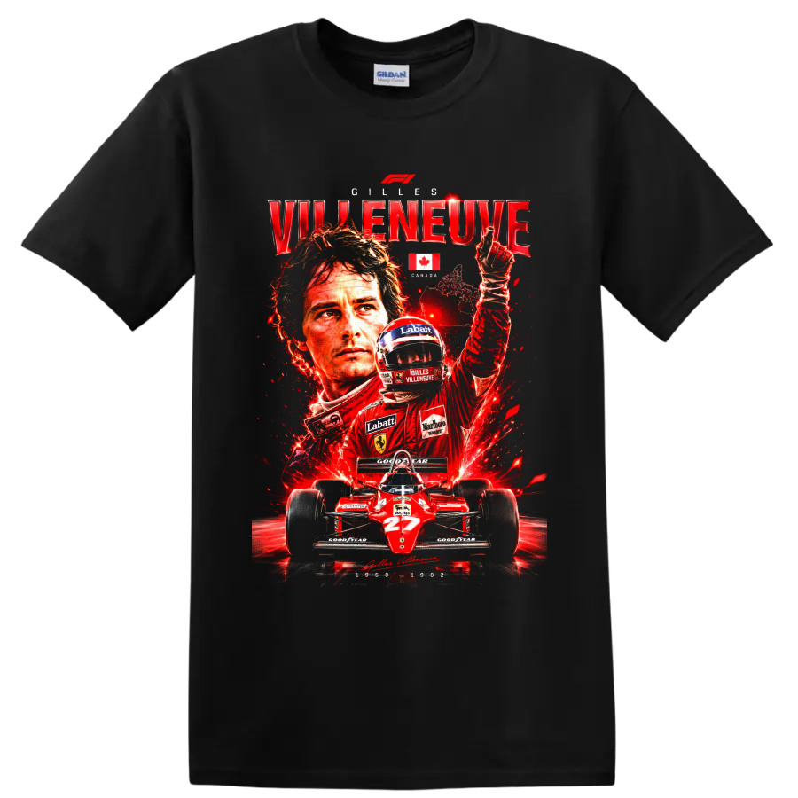 Gilles Villeneuve Ferrari number 27 Formula 1 racing tribute collage on a Black T Shirt
