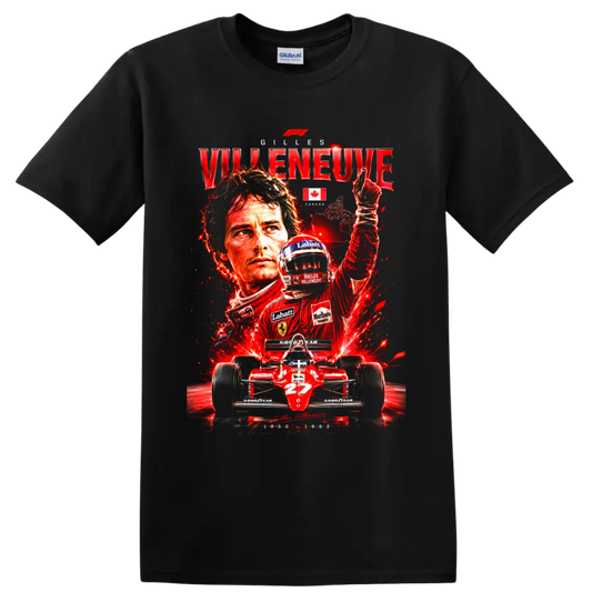 Gilles Villeneuve Ferrari number 27 Formula 1 racing tribute collage on a Black T Shirt