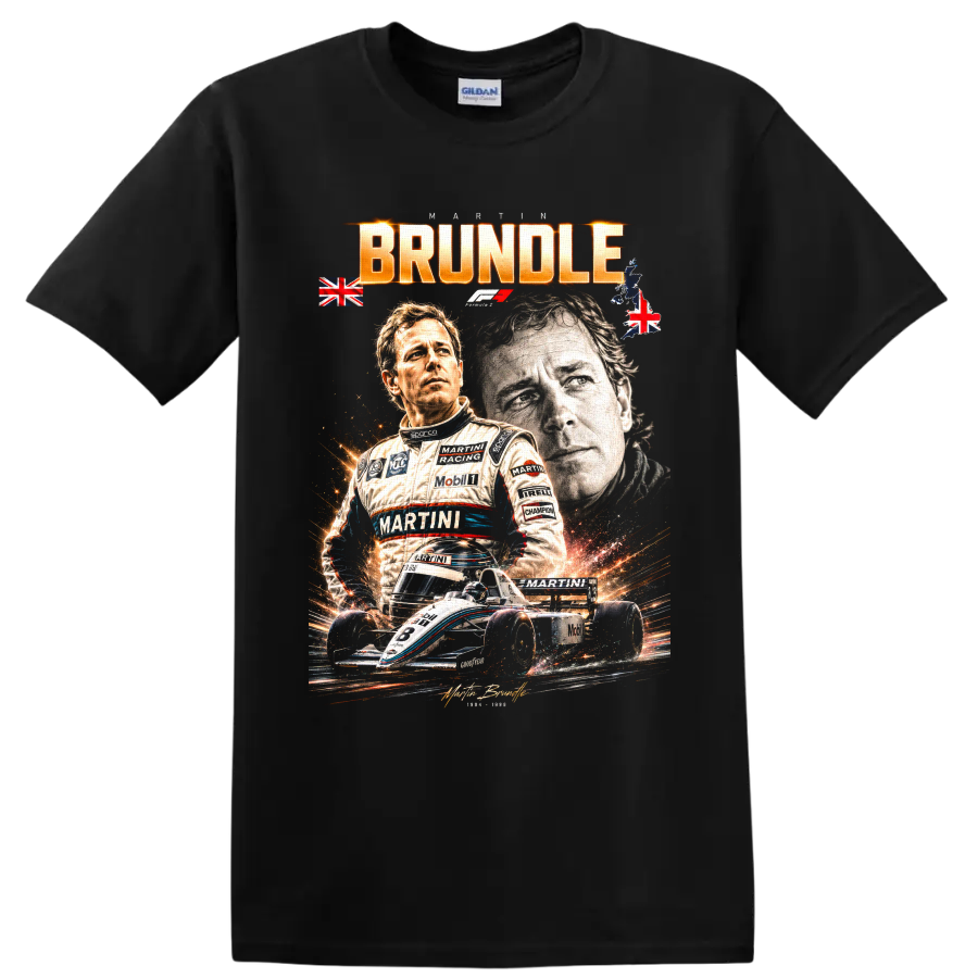 Dramatic Martin Brundle racing portrait collage with open-wheel car and BRUNDLE text on a Black T Shirt