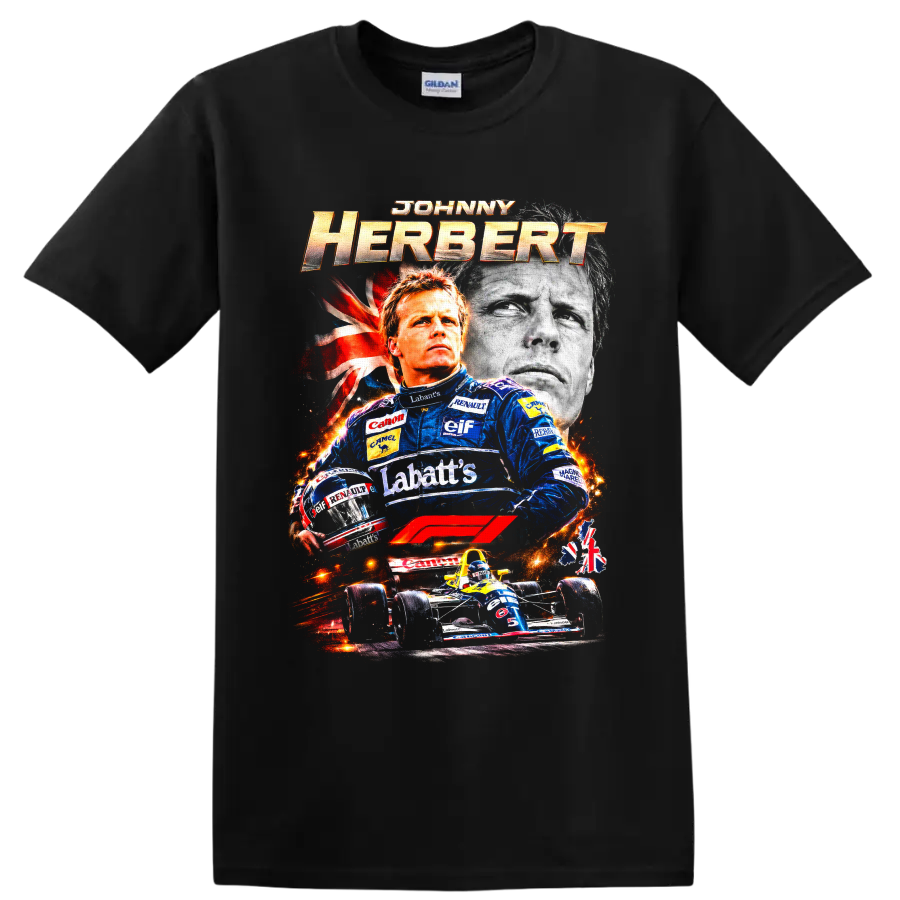 Johnny Herbert Formula 1 racing collage with Lotus suit, helmet, portrait, and race car on a Black T Shirt