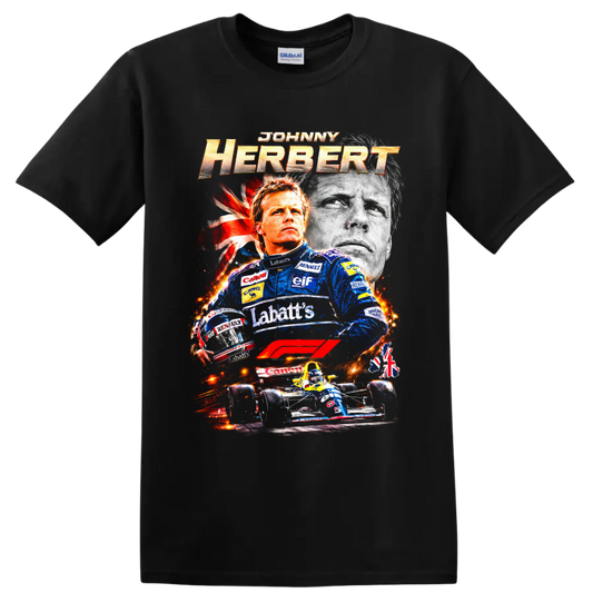 Johnny Herbert Formula 1 racing collage with Lotus suit, helmet, portrait, and race car on a Black T Shirt