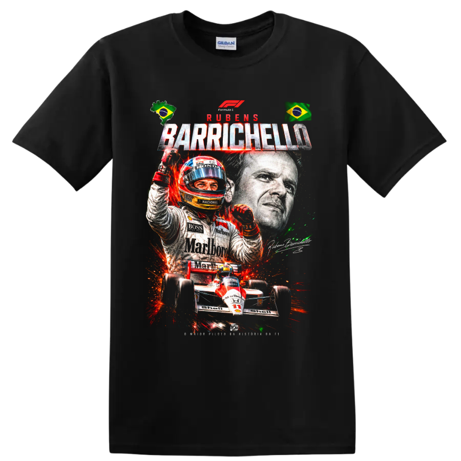Rubens Barrichello racing collage with Brazilian flags, helmeted driver, and number 11 car on a Black T Shirt