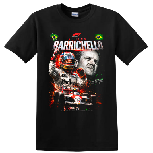 Rubens Barrichello racing collage with Brazilian flags, helmeted driver, and number 11 car on a Black T Shirt