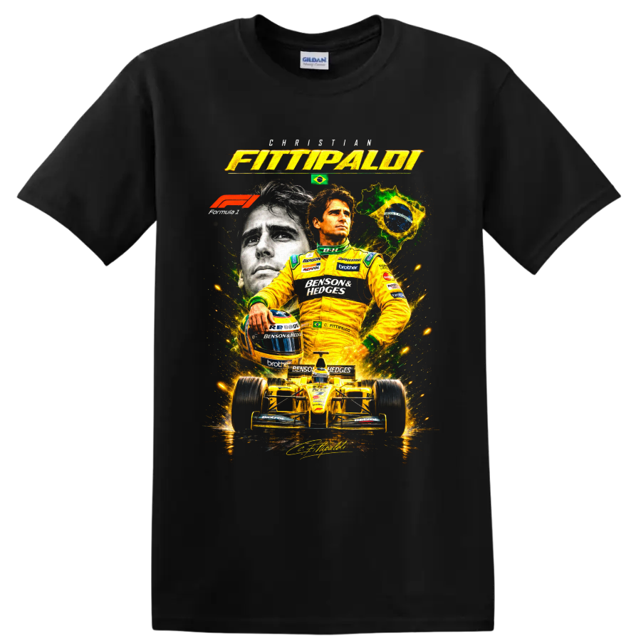 Christian Fittipaldi portrait with yellow open-wheel race car and Brazil-inspired graphics on a Black T Shirt