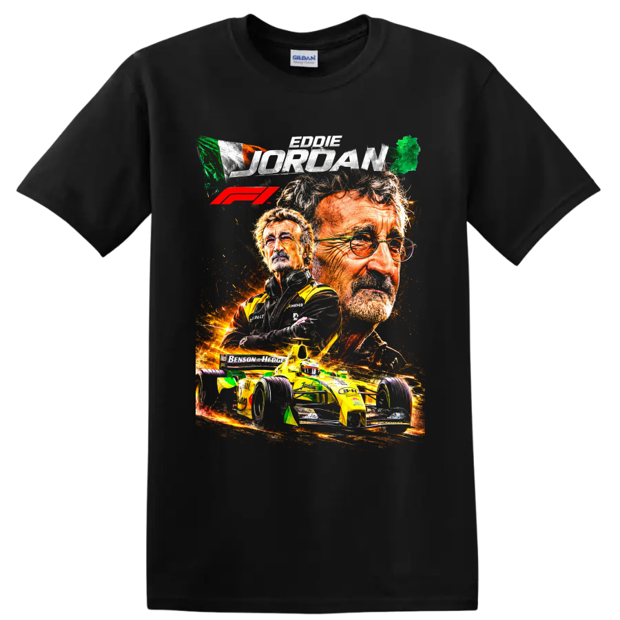Eddie Jordan portrait collage with Irish flag, fiery Jordan Grand Prix race car, and F1 on a Black T Shirt