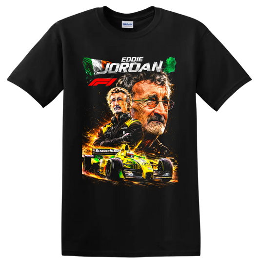 Eddie Jordan portrait collage with Irish flag, fiery Jordan Grand Prix race car, and F1 on a Black T Shirt