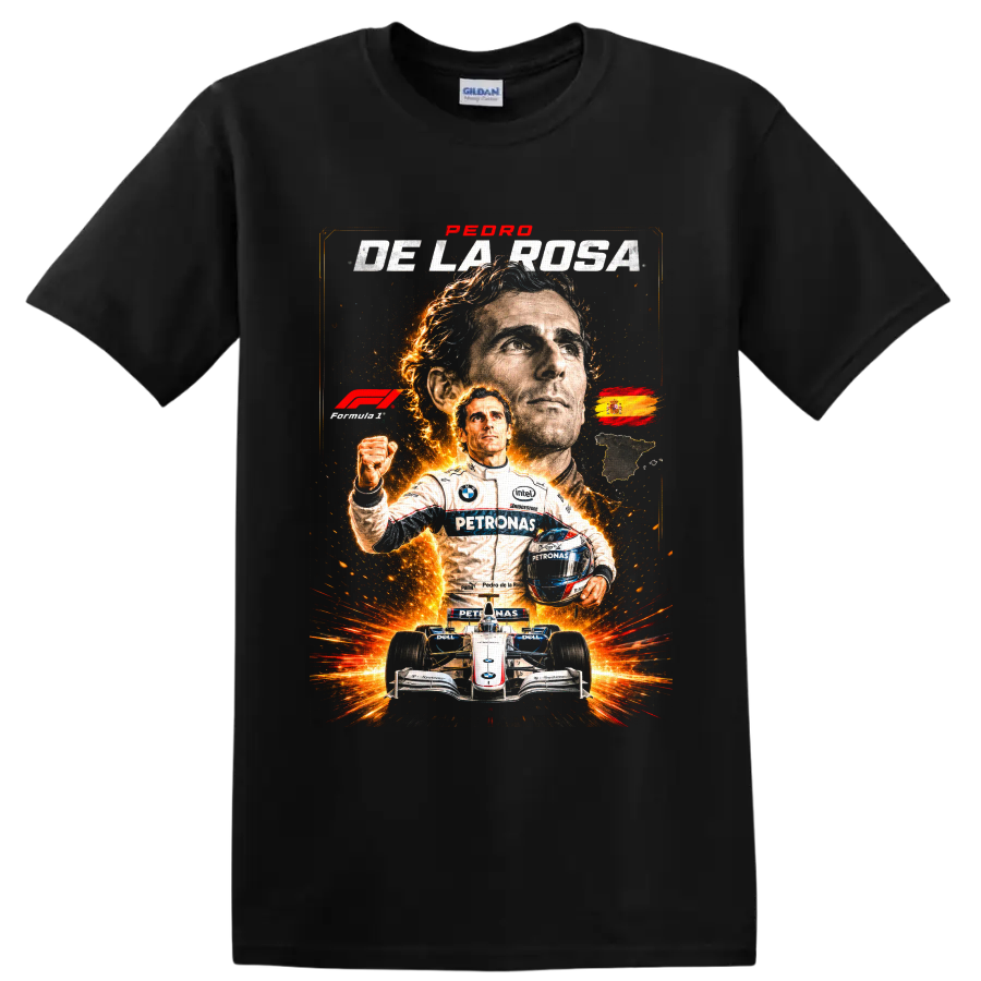 Pedro de la Rosa Formula 1 racing collage with BMW Sauber car, helmet, and fiery sparks on a Black T Shirt