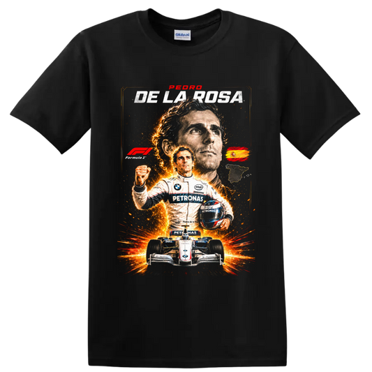 Pedro de la Rosa Formula 1 racing collage with BMW Sauber car, helmet, and fiery sparks on a Black T Shirt