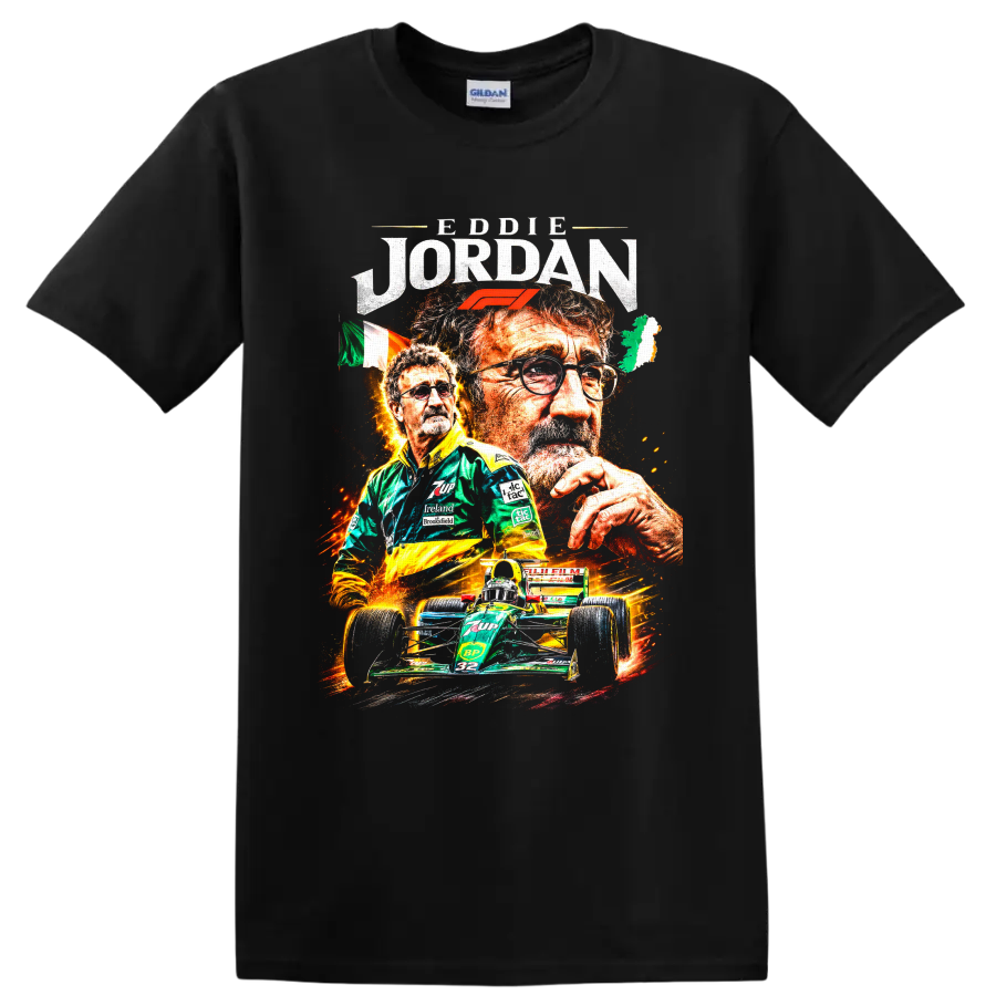 Eddie Jordan portraits with Formula 1 logo, Irish flag, and green number 32 race car on a Black T Shirt