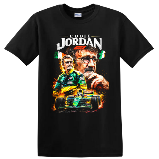 Eddie Jordan portraits with Formula 1 logo, Irish flag, and green number 32 race car on a Black T Shirt
