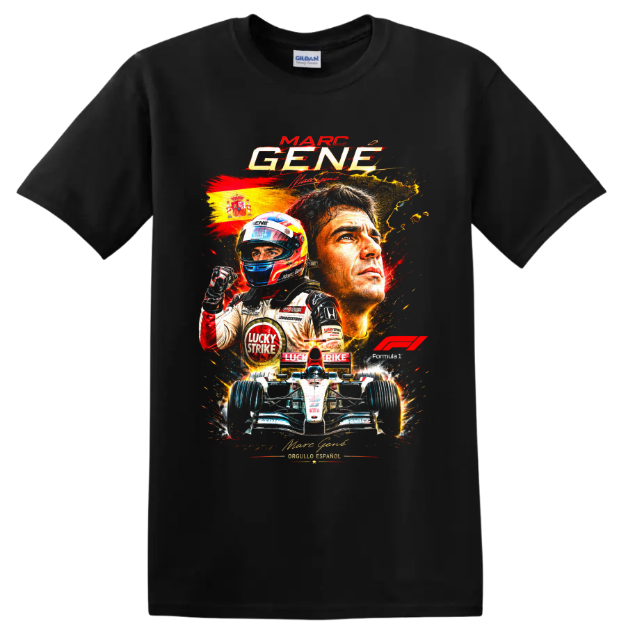 Marc Gene Formula 1 driver collage with Spanish flag, helmeted racer, and open-wheel car on a Black T Shirt
