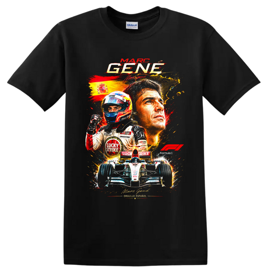 Marc Gene Formula 1 driver collage with Spanish flag, helmeted racer, and open-wheel car on a Black T Shirt