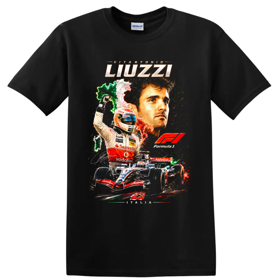 Vitantonio Liuzzi Formula 1 racing collage with Italy colors, number 23, and open-wheel on a Black T Shirt