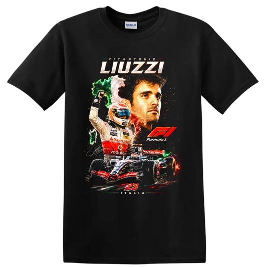 Vitantonio Liuzzi Formula 1 racing collage with Italy colors, number 23, and open-wheel on a Black T Shirt